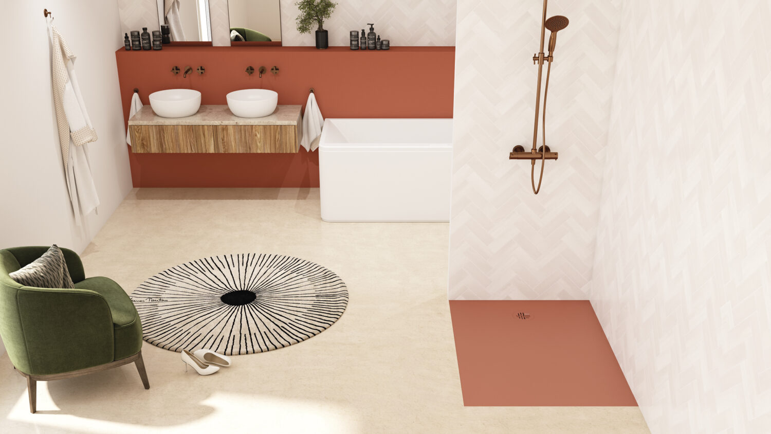 Duschwanne Kinesurf Nova in terracotta in offenem Duschbereich 