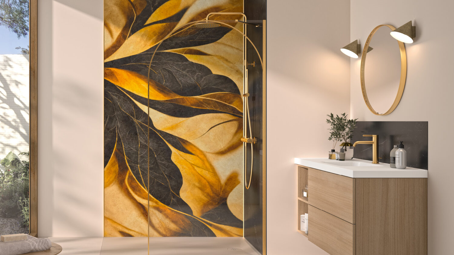 Wandgestaltung mit Kinedo Kinewall Crédence Dekor Royal Folia und Spritzschutz Marmor schwarz