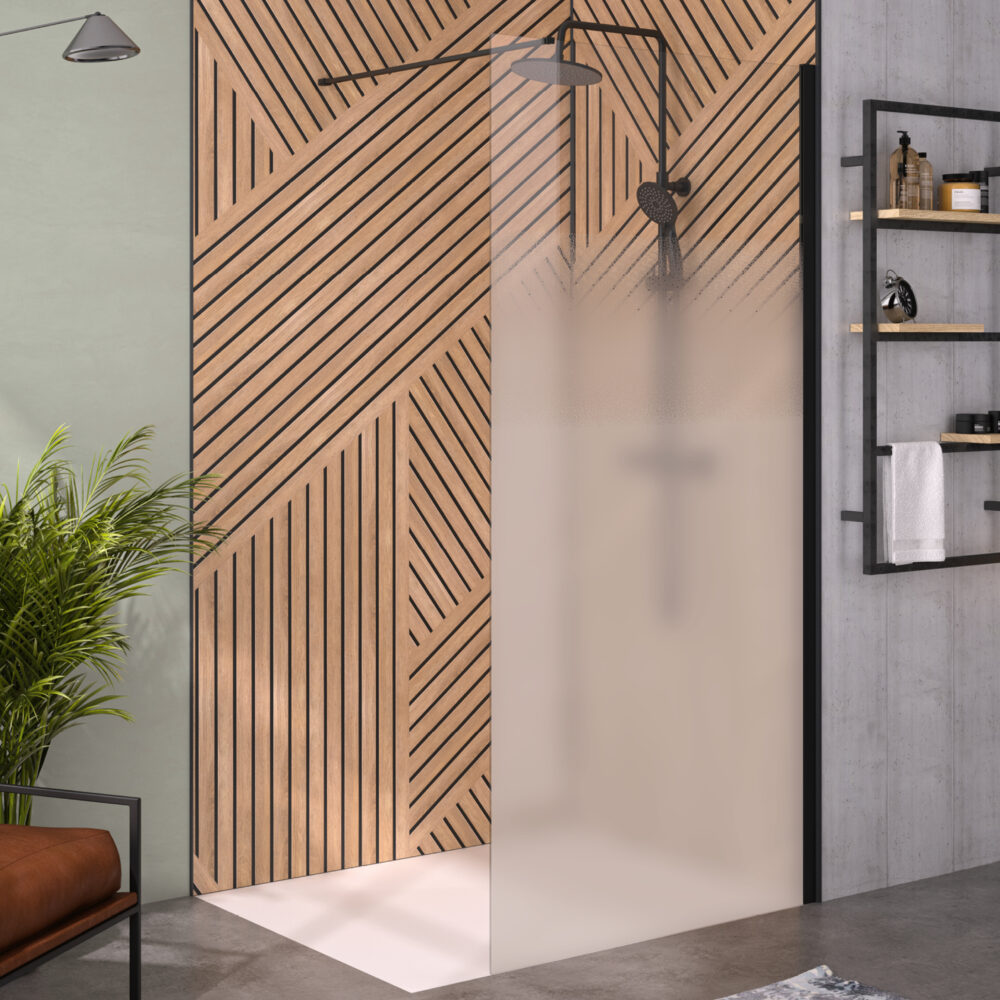 Produktbild Duschwand Solo 6+ mit Dekorglas Cosmos und grauschwarzem Profil