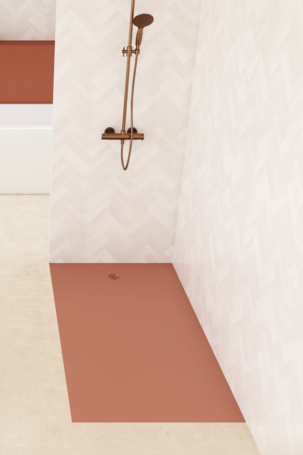 Duschwanne Kinesurf Nova terracotta in einem offenen Duschbereich eingebaut